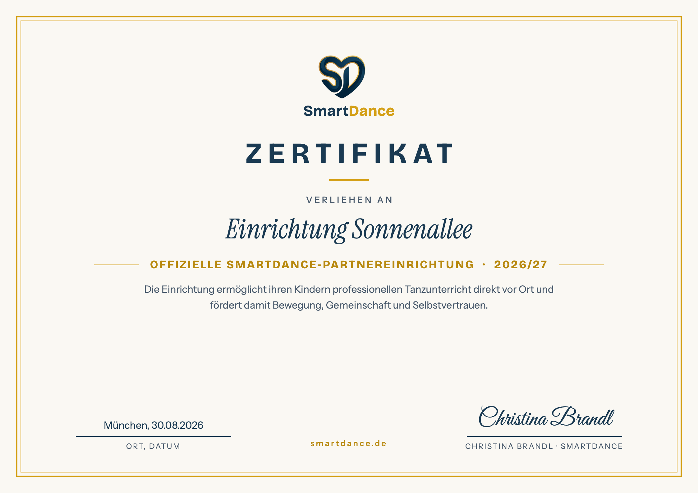 SmartDance-Zertifikat im Querformat